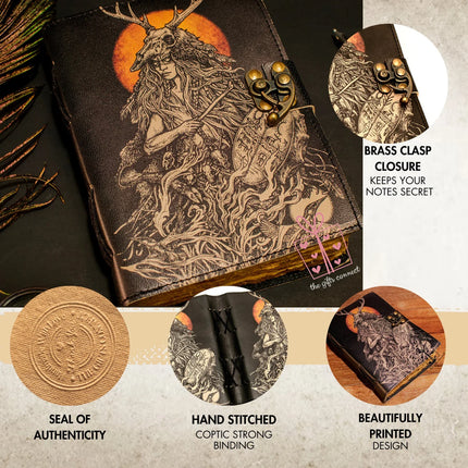 Witch Printed Leather Journal – Handmade Notebook with Lock