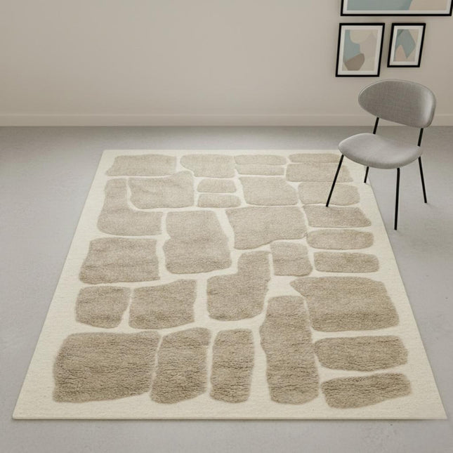 Handwoven Beige Wool Rug: 8x10 Earthy Stone Art Area Rug