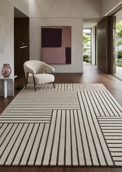 Black Striped Hand-Tufted Wool Rug: 8x10 Minimalist Decor