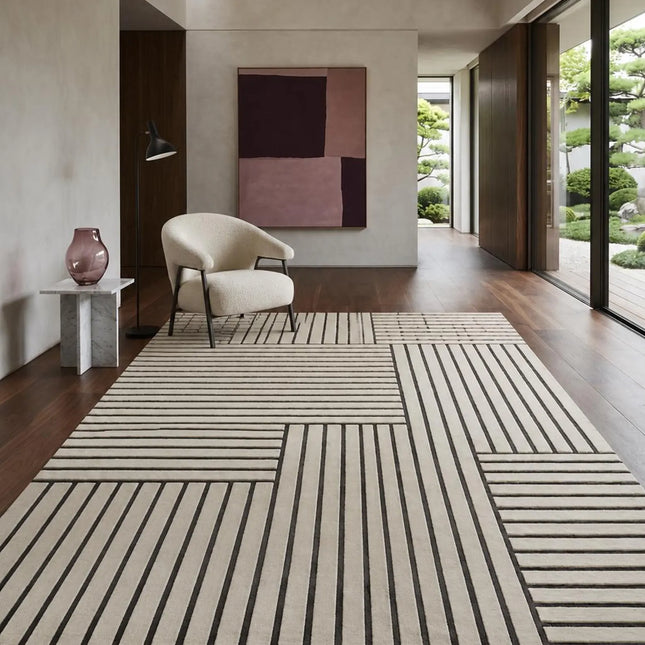 Black Striped Hand-Tufted Wool Rug: 8x10 Minimalist Decor