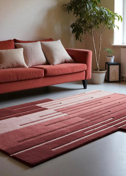 Burgundy & Rose Red Abstract Hand Tufted Wool Rug  Modern Linear Area Carpet
