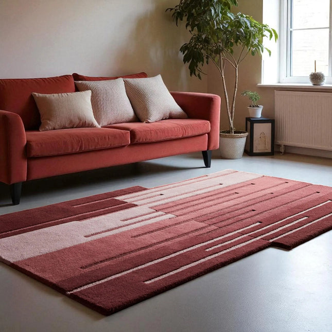 Burgundy & Rose Red Abstract Hand Tufted Wool Rug  Modern Linear Area Carpet