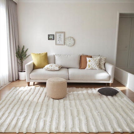 Hand Knotted Ivory Fluffy Wool Rug: Minimalist Irregular Stripe Design