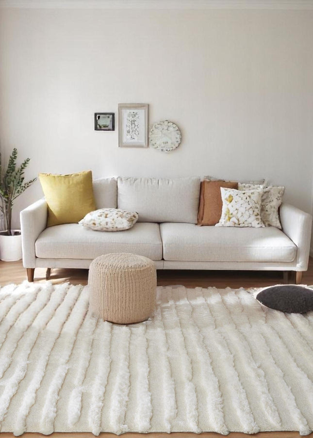 Hand Knotted Ivory Fluffy Wool Rug: Minimalist Irregular Stripe Design