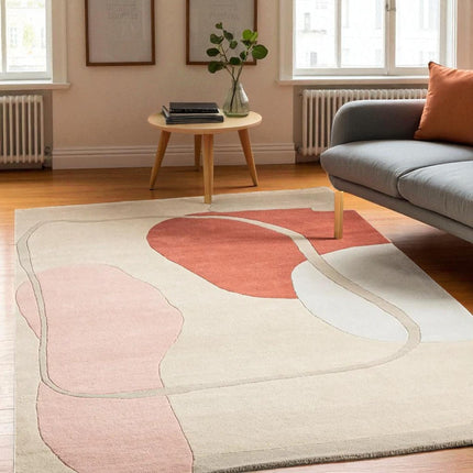 Abstract Hand Tufted Wool Rug | Modern Geometric Area Carpet in Beige, Terracotta & Blush Tones