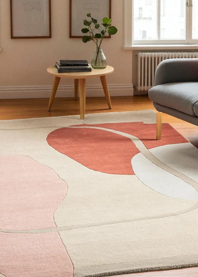 Abstract Hand Tufted Wool Rug | Modern Geometric Area Carpet in Beige, Terracotta & Blush Tones
