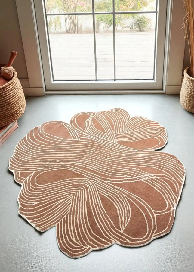 Rust & Ivory Abstract Wool Rug  Irregular Shape Area Rug for Home Decor