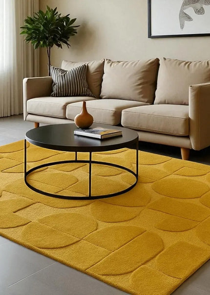 Mustard Yellow Wool Rug: Hand Tufted Geometric Circle Design
