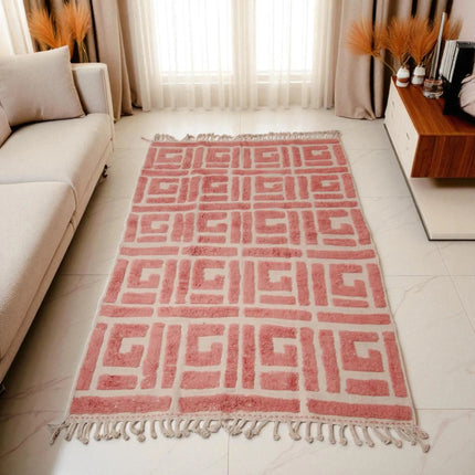 Hand Knotted Wool Rug: Geometric Maze, 8x10 Pink Berber Style Rug