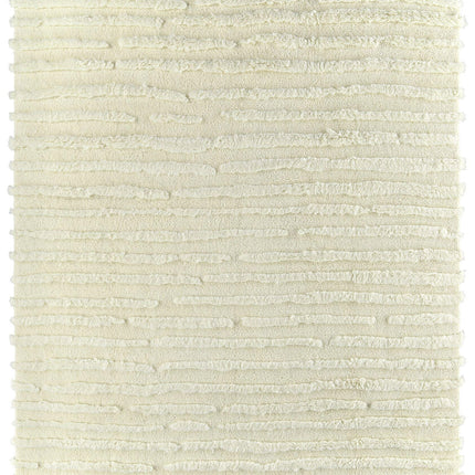 Hand Knotted Ivory Fluffy Wool Rug: Minimalist Irregular Stripe Design