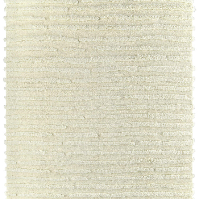 Hand Knotted Ivory Fluffy Wool Rug: Minimalist Irregular Stripe Design