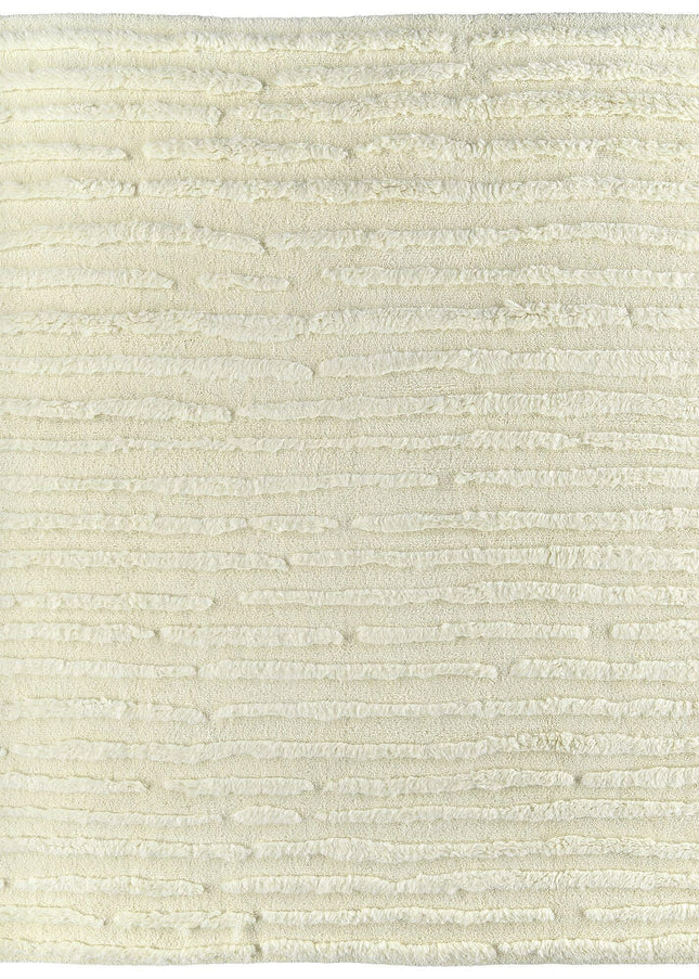 Hand Knotted Ivory Fluffy Wool Rug: Minimalist Irregular Stripe Design