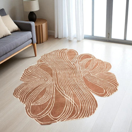 Rust & Ivory Abstract Wool Rug  Irregular Shape Area Rug for Home Decor