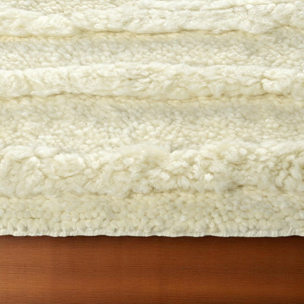 Hand Knotted Ivory Fluffy Wool Rug: Minimalist Irregular Stripe Design