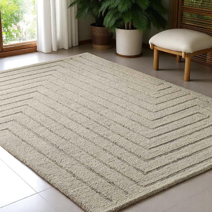 Handwoven Wool Rug: 8x10 High-Low Pile Geometric Maze Design