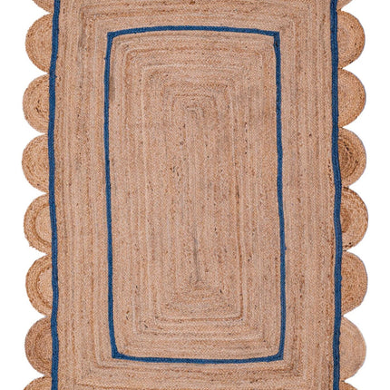 Hand-Braided Blue Scalloped Jute Rug: Natural Fiber Runner