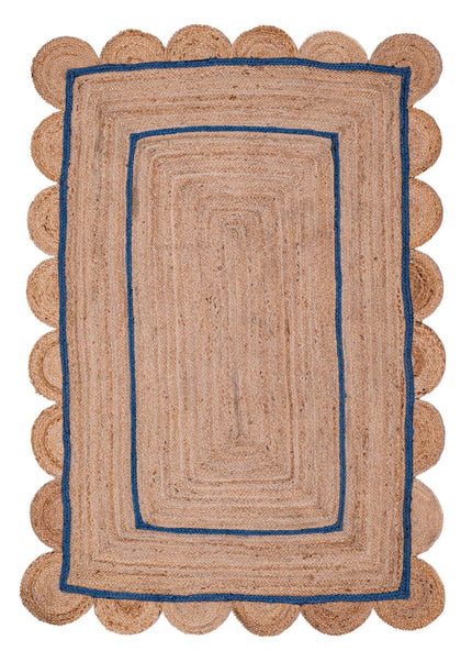 Hand-Braided Blue Scalloped Jute Rug: Natural Fiber Runner