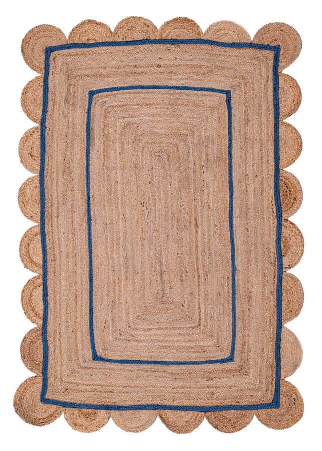 Hand-Braided Blue Scalloped Jute Rug: Natural Fiber Runner