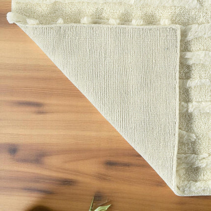 Hand Knotted Ivory Fluffy Wool Rug: Minimalist Irregular Stripe Design