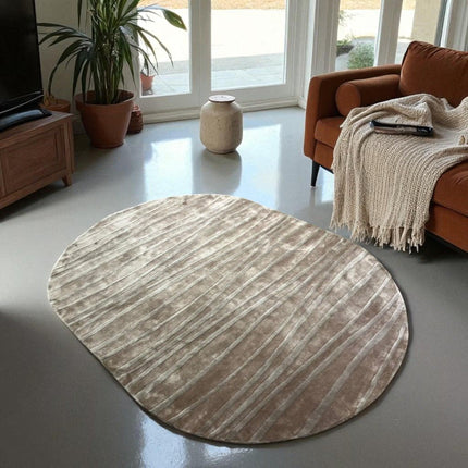 Hand Tufted Taupe & Ivory Wavy Pattern Viscose Rug  Modern Oval Area Carpet