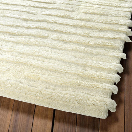 Hand Knotted Ivory Fluffy Wool Rug: Minimalist Irregular Stripe Design