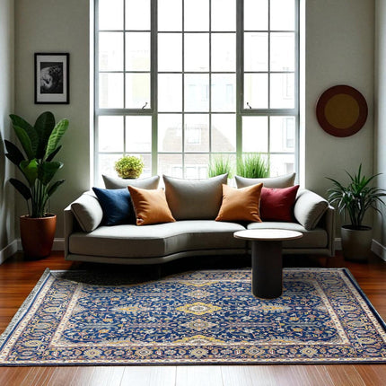 Hand Knotted Wool Oushak Rug: 9x12 Blue Oriental Medallion Design