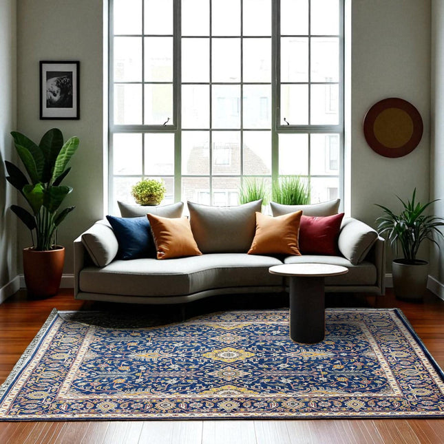 Hand Knotted Wool Oushak Rug: 9x12 Blue Oriental Medallion Design