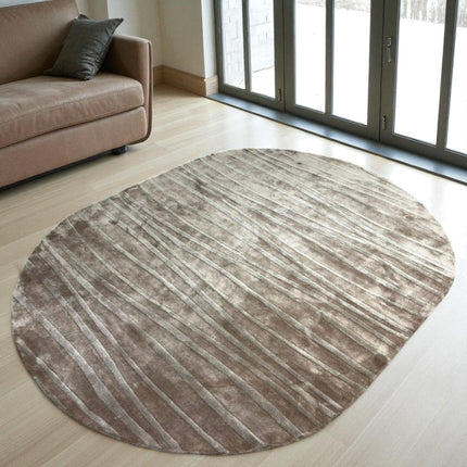 Hand Tufted Taupe & Ivory Wavy Pattern Viscose Rug  Modern Oval Area Carpet