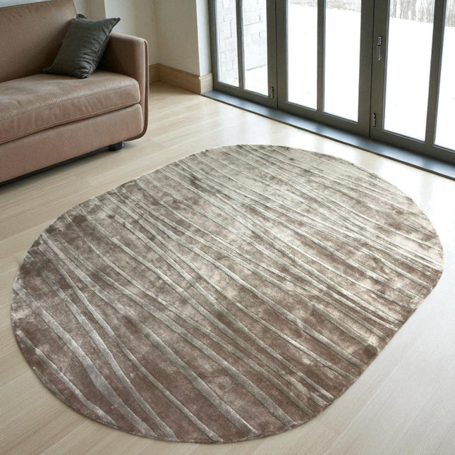 Hand Tufted Taupe & Ivory Wavy Pattern Viscose Rug  Modern Oval Area Carpet