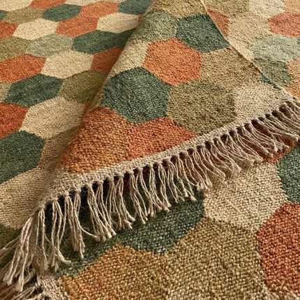 Handwoven Wool Geometric Hexagon Rug, Traditional Indian Dhurrie Flatweave