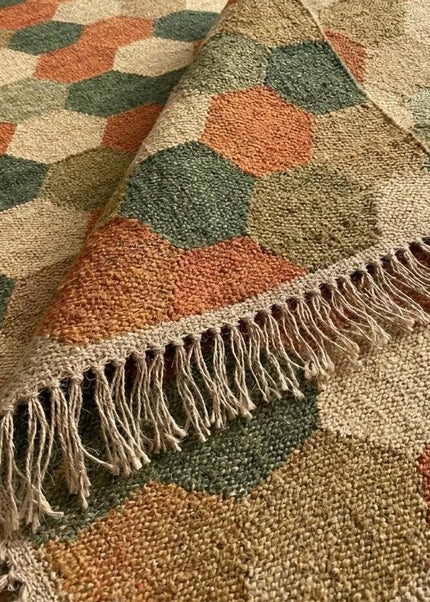 Handwoven Wool Geometric Hexagon Rug, Traditional Indian Dhurrie Flatweave
