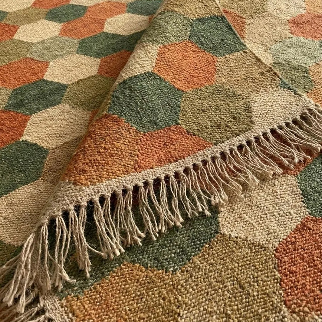 Handwoven Wool Geometric Hexagon Rug, Traditional Indian Dhurrie Flatweave