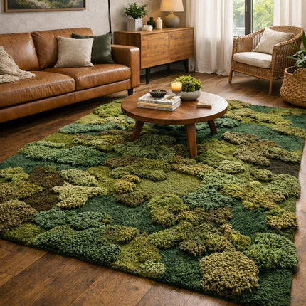 Hand-Tufted Wool Forest Area Rug  Moss Green Organic Abstract Design
