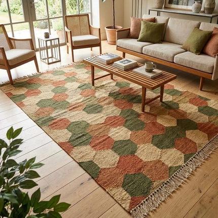 Handwoven Wool Geometric Hexagon Rug, Traditional Indian Dhurrie Flatweave