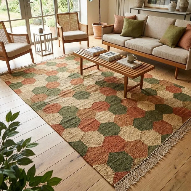 Handwoven Wool Geometric Hexagon Rug, Traditional Indian Dhurrie Flatweave