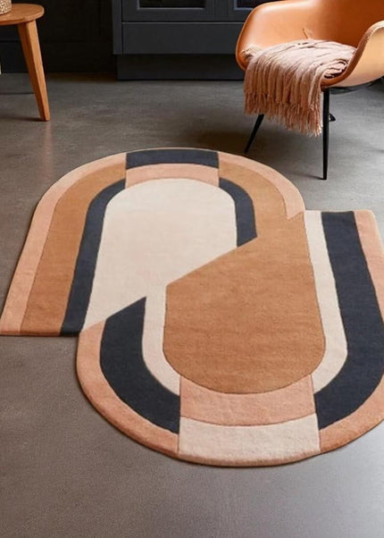 Geometric Abstract Wool Rug – Beige Brown Black Hand Tufted Carpet