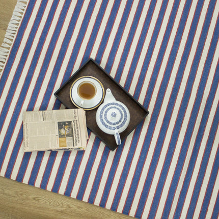Blue Striped Handwoven Cotton Rug: Modern Reversible Kilim Runner