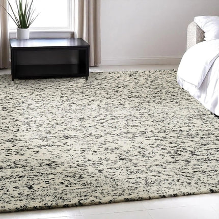 Hand Knotted Wool Area Rug: Beige & Black Abstract, High Pile