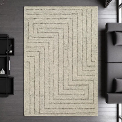 Handwoven Wool Rug: 8x10 High-Low Pile Geometric Maze Design