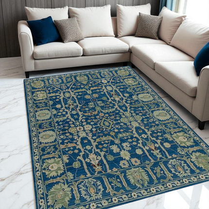 Royal Blue Floral Wool Rug 8x10 – Handwoven Oriental Persian Style Carpet
