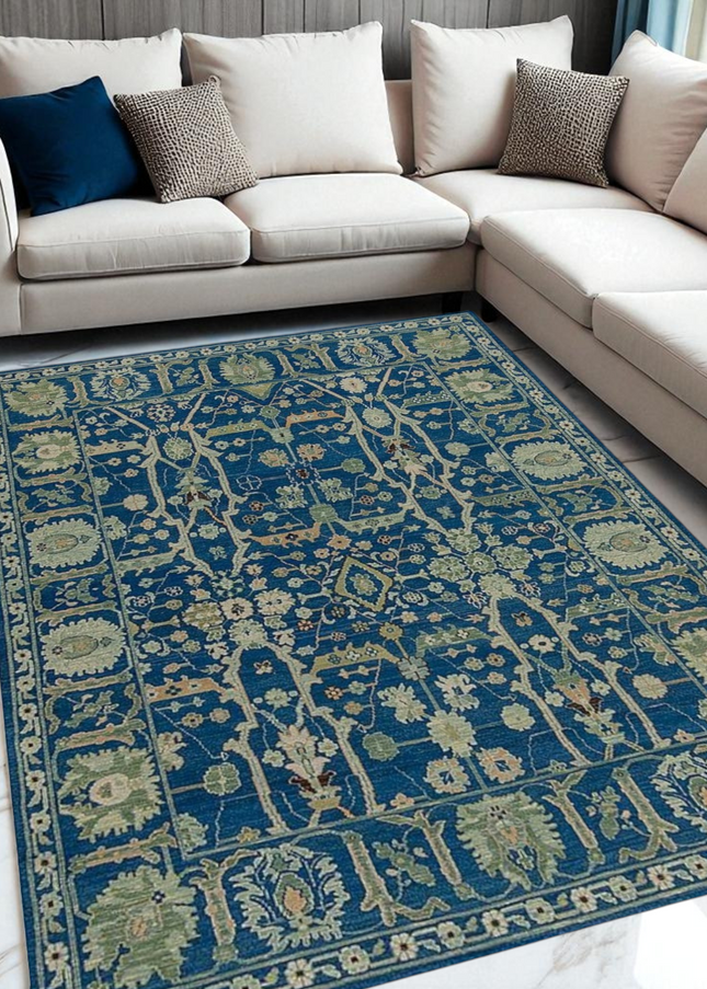 Royal Blue Floral Wool Rug 8x10 – Handwoven Oriental Persian Style Carpet