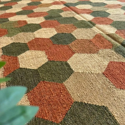 Handwoven Wool Geometric Hexagon Rug, Traditional Indian Dhurrie Flatweave