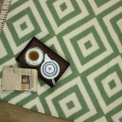 Handmade Pastel Green Cotton Area Rug: Bohemian Geometric Reversible Rug