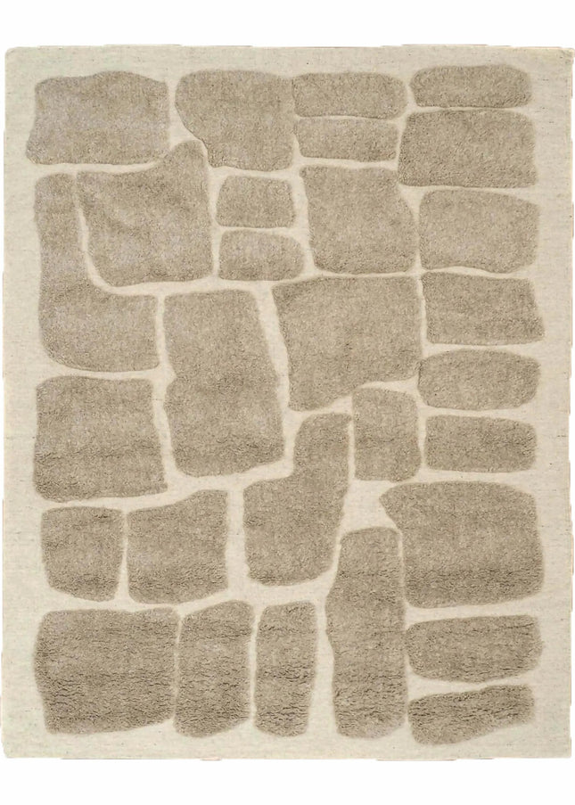 Handwoven Beige Wool Rug: 8x10 Earthy Stone Art Area Rug