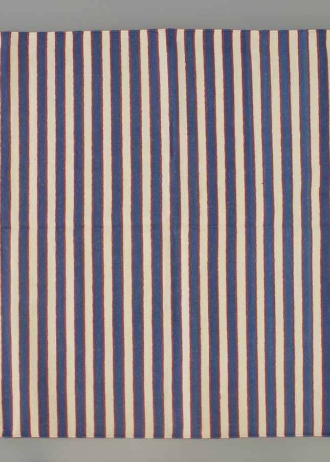 Blue Striped Handwoven Cotton Rug: Modern Reversible Kilim Runner