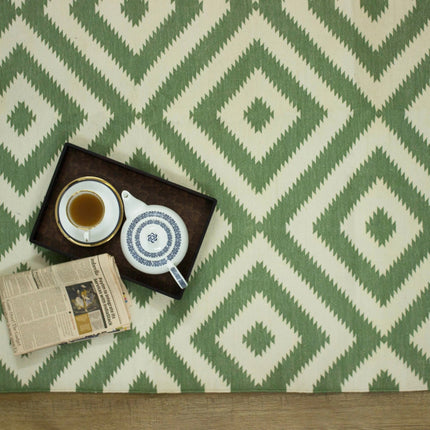 Handmade Pastel Green Cotton Area Rug: Bohemian Geometric Reversible Rug