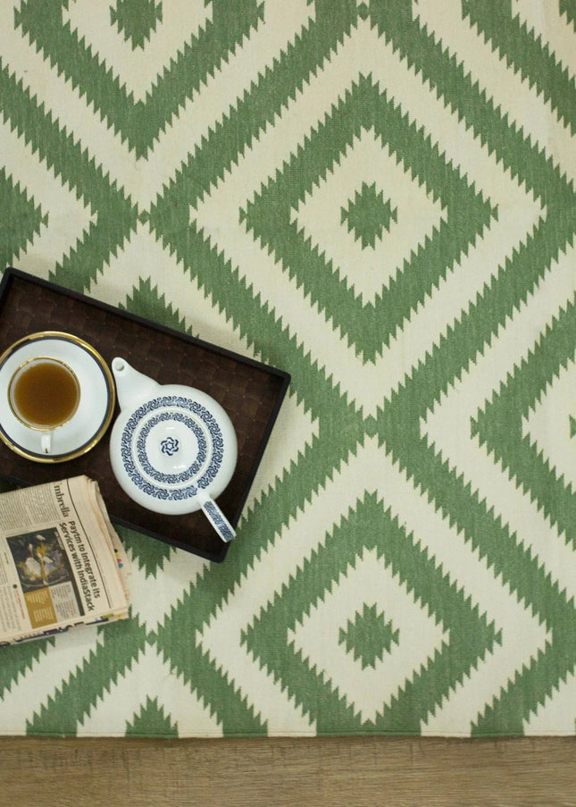 Handmade Pastel Green Cotton Area Rug: Bohemian Geometric Reversible Rug