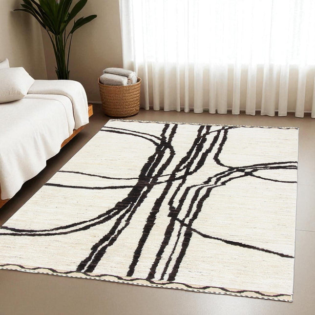Hand Woven Beni Ourain Wool Rug: Abstract Lines, Shag Texture, Minimalist Decor