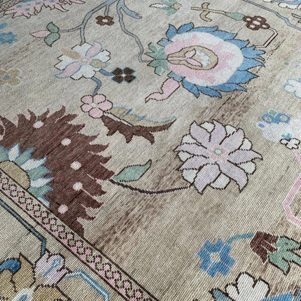 Hand-Knotted Oushak Wool Rug: Persian Heriz Design, Taupe & Blue, 8x10 Area Rug