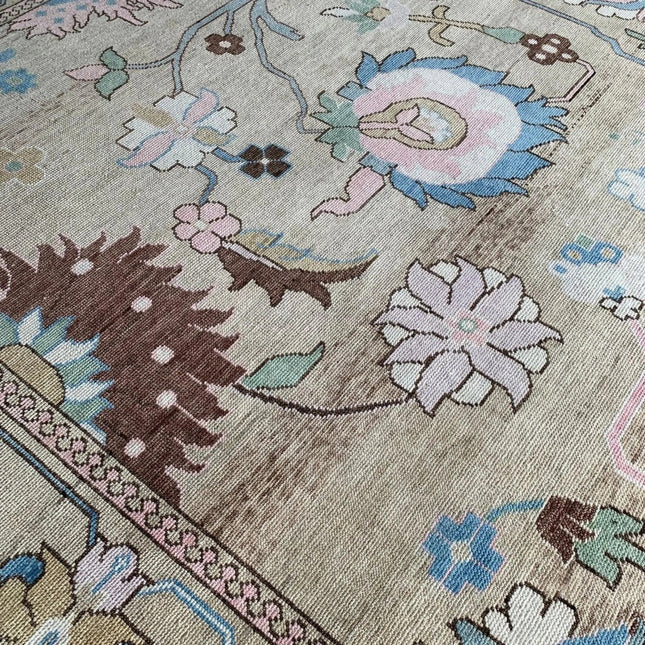 Hand-Knotted Oushak Wool Rug: Persian Heriz Design, Taupe & Blue, 8x10 Area Rug